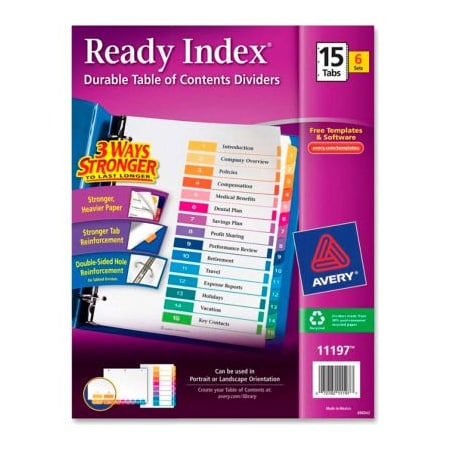 Avery Dennison Avery Ready Index T.O.C. Reference Divider, 1 to 15, 8.5"x11", 15 Tabs, 6 Sets, White/Multi 11197